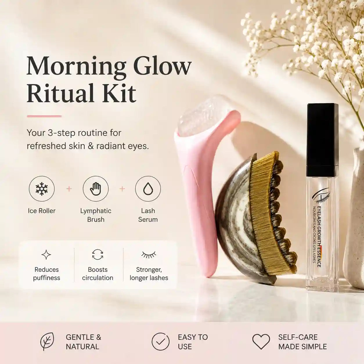 Morning Glow Ritual Kit — Ice Roller + Lymphatic Brush + Lash Serum | Complete Glow Routine