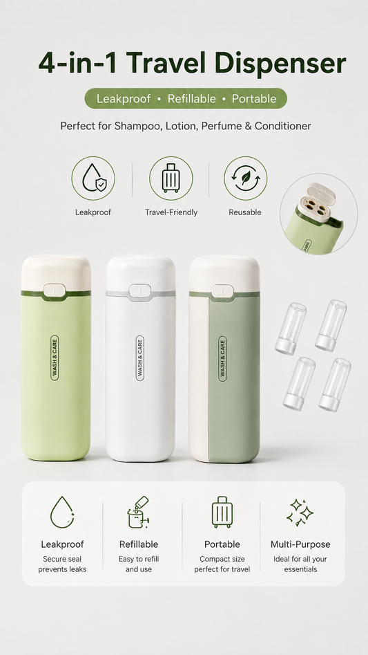 4-in-1 Leakproof Travel Dispenser Bottles | Refillable Portable Set for Toiletries