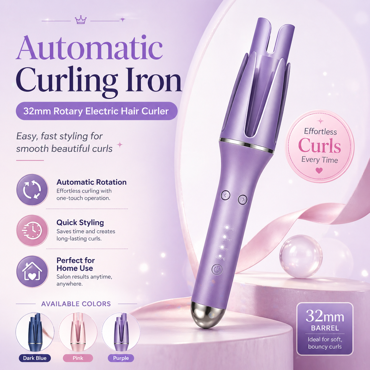Automatic Curling Iron 32mm | Tourmaline Ceramic Rotary Hair Curler for All Hair Types