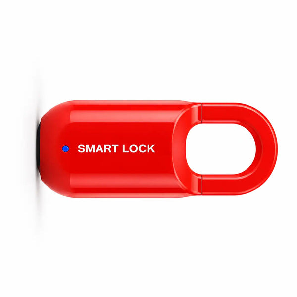A bright red smart lock padlock with a U-shaped handle, featuring the text 'SMART LOCK' printed vertically in white and a small blue LED indicator light near the bottom, set against a plain white background.