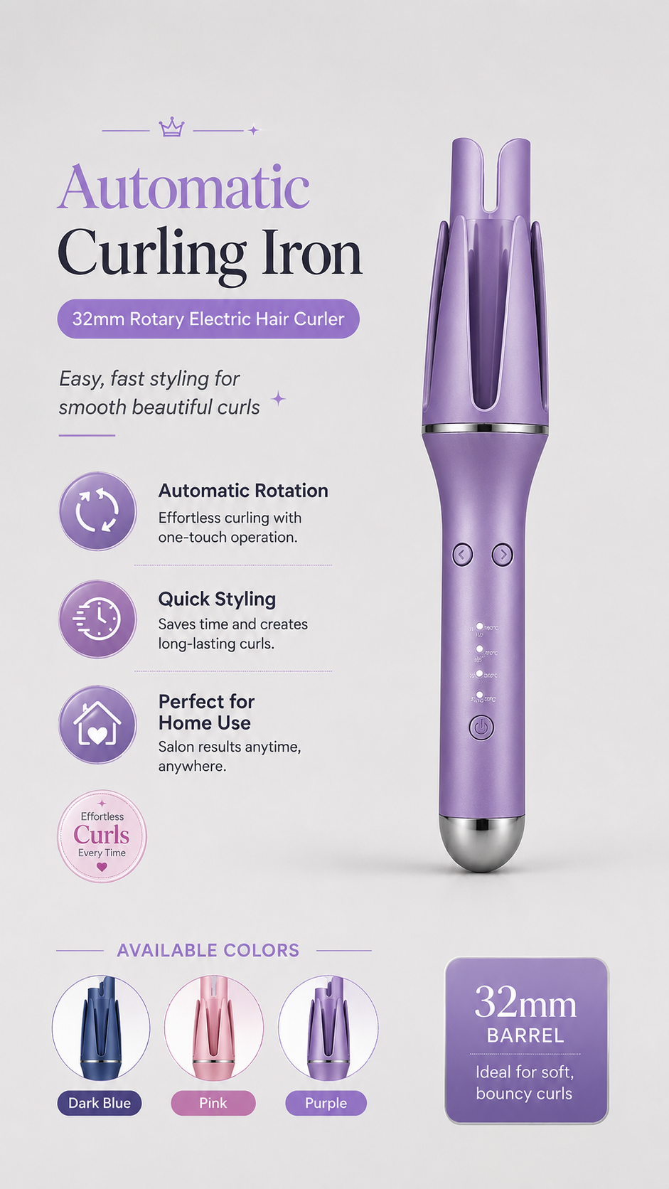 Automatic Curling Iron 32mm | Tourmaline Ceramic Rotary Hair Curler for All Hair Types