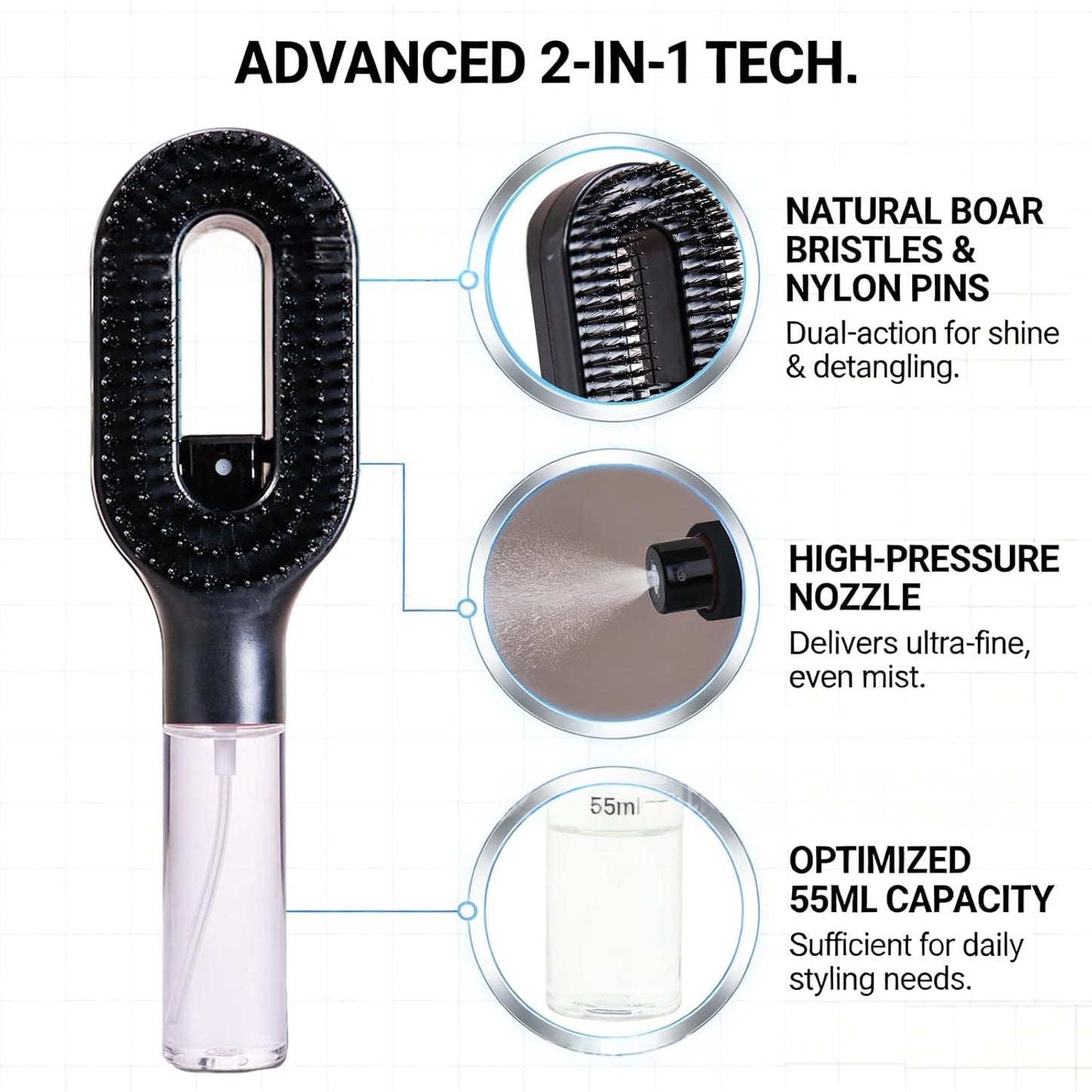 2-in-1 Spray Hair Brush | Anti-Frizz & Detangling with Built-In Water Mister