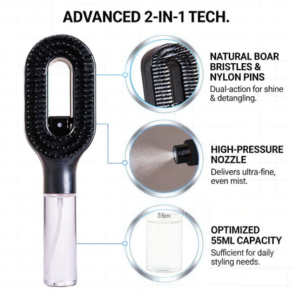 2-in-1 Spray Hair Brush | Anti-Frizz & Detangling with Built-In Water Mister